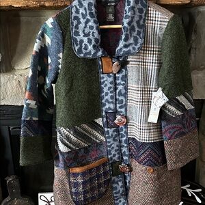 Ali Miles Patchwork Blazer Jacket in Olive Green, Navy, Gray and Brown